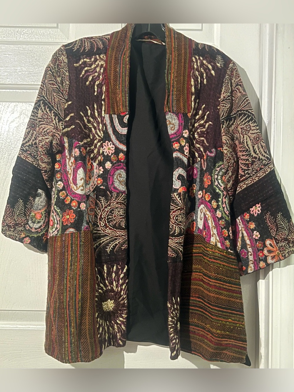 Patchwork Embroidered Boho Patterned Open Front Wool Jacket